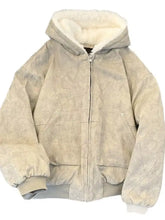 Men’s cozy sherpa lined beige suede hooded jacket with plush white fleece lining and two front pockets