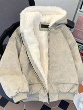 Men’s cozy sherpa lined beige suede hooded jacket with plush white faux fur lining and front zipper closure