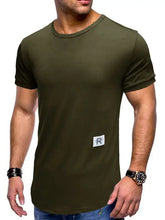 Mens crew neck solid olive green t-shirt with rounded hem