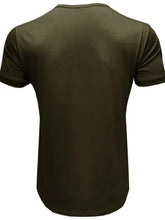 Mens crew neck solid olive green t-shirt with rounded hem