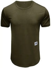 Mens crew neck solid olive green t-shirt with rounded hem