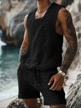 Mens Crocheted Tank Top and Shorts Set Black
