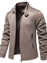 Brown suede long sleeve biker jacket with high collar and zipper detail
