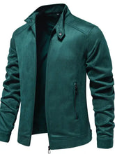 Men’s dark teal suede long sleeve biker jacket with stand collar and zippered pockets