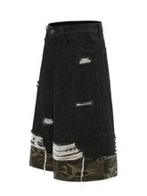 Mens distressed camo trim denim Bermuda shorts with distressed black denim and camouflage hem
