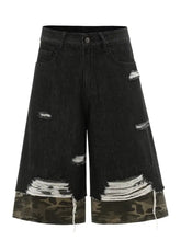 Mens distressed camo trim denim Bermuda shorts