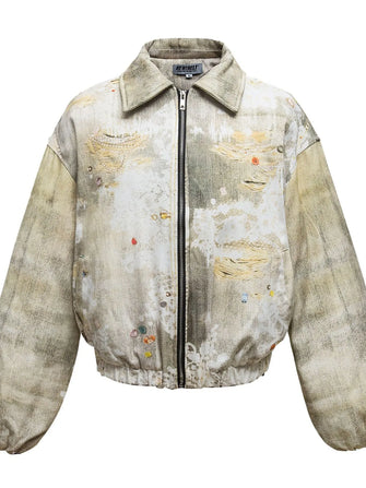 Distressed Paint Splatter Zip-Up Bomber Jacket for Men Apricot