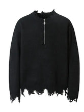 Mens distressed hem dark gray half zip sweater with star zipper pull