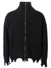 Mens distressed hem ribbed knit sweater with zipper detail