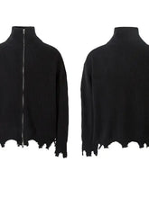 Mens distressed hem ribbed knit sweater with zipper detail
