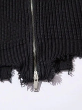 Mens distressed hem ribbed knit sweater with black textured zipper detail