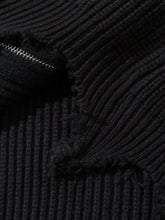 Black textured zipper pull on mens distressed hem ribbed knit fabric jacket