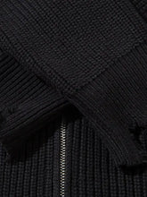 Mens distressed hem ribbed knit sweater in black with zipper and fringe