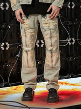 Men’s distressed loose fit beige denim jeans with multiple zippered cargo pockets and frayed worn-in details