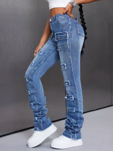 Men’s slim fit blue denim jeans with distressed patches and ruched cuffs in cotton material