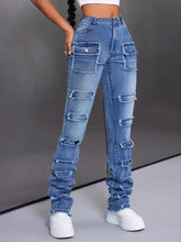 Men’s slim fit blue denim jeans with distressed ripped details and ruched cuffs for a stylish casual look