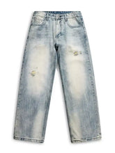Men’s distressed vintage wash light-wash denim jeans with faded patches and subtle frayed details in loose fit