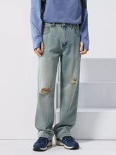 Men’s light-wash distressed wide leg jeans with ripped knees and a relaxed straight-leg cut