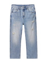 Men’s distressed wide leg light-wash denim jeans with ripped details along the thighs and knees