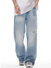 Men’s light-wash denim wide leg jeans with distressed ripped knee detail and relaxed fit wide leg jeans style