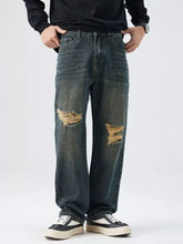 Men’s dark-wash denim distressed wide leg jeans with frayed patches on the knees for a casual look