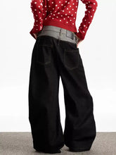 Black wide leg denim pants with a contrasting gray waistband from men’s double waist wide leg jeans collection