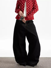 Men’s double waist wide leg jeans in black denim with relaxed oversized fit and visible stitching details