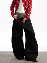 Men’s black wide leg jeans with double waist high waist and relaxed fit in denim material