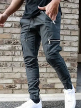 Mens drawstring pants: dark grey cargo joggers with zippers and cuffs