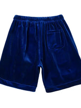 Mens drawstring pocketed shorts in royal blue velvet with elastic waistband