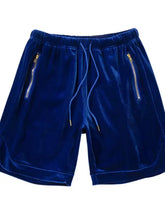 Mens drawstring pocketed shorts in royal blue velvet with gold zippers