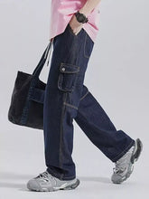 Men’s dark blue denim drawstring washed wide leg jeans with multiple cargo pockets and reinforced stitching