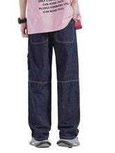Men’s drawstring washed wide leg jeans in dark blue denim with relaxed fit and visible stitching details