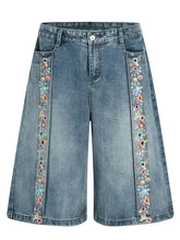 Mens floral trim wide leg denim shorts in light blue with colorful floral embroidery