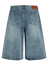 Mens floral trim wide leg denim shorts in light blue wash