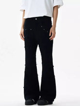 Men’s black denim flare jeans with frayed hem flare detailing and silver rivets on pocket accents