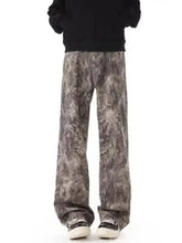 Men’s full size abstract print wide leg jeans in mottled gray and white soft cotton fabric with abstract print wide design