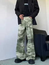 Men’s olive green abstract print wide-leg jeans with distressed black stitching plus size full size wide leg design