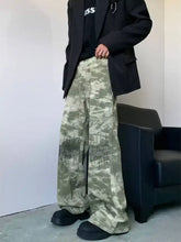 Men’s full size abstract print wide leg jeans in camouflage with relaxed fit and subtle vertical stitching details