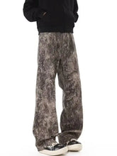 Men’s full size abstract print wide leg jeans in mottled gray and black soft textured fabric