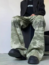 Men’s olive green tie-dye wide leg jeans with black embroidered abstract print line patterns plus size design