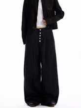 Black corduroy plus size men’s wide-leg jeans with vertical ribbed texture and front button fly closure