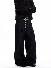 Men’s black corduroy wide-leg jeans with vertical ribbing and button fly closure in plus size
