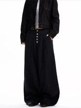 Men’s black corduroy wide-leg jeans with vertical ribbing and a button fly in plus size design
