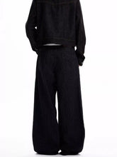 Black corduroy wide-leg jeans with button fly featuring subtle vertical ribbed texture for men plus size