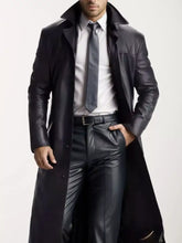 Men’s black leather trench coat with classic collar and buttoned front plus size jacket long sleeve longline design