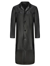 Men’s black faux leather trench coat jacket plus size with classic collar and button closure full sleeve longline design