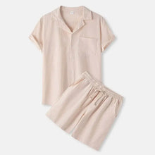 Beige linen men’s full size button up shirt and drawstring shorts pajama set plus size for comfortable loungewear