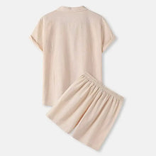 Men’s beige linen full size button up shirt and shorts set with short sleeves and elastic waist plus size