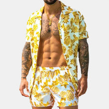 Men’s full size button up shirt and shorts set plus size in light blue with yellow rose pattern slightly stretchy machine wash cold tumble dry low